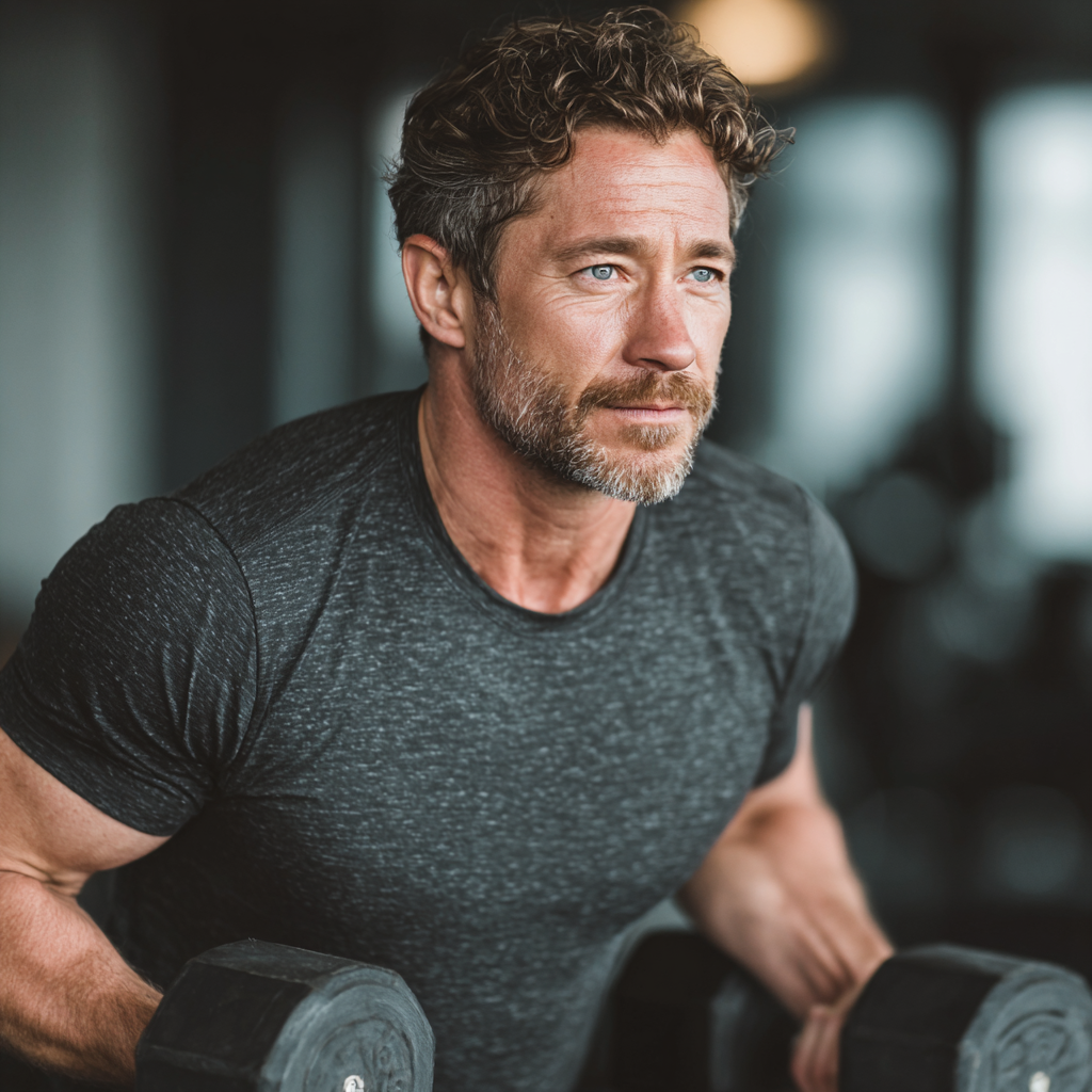 Confident man in his late 40s performing strength exercises with dumbbells in a modern fitness studio, showing proper form and concentration, wearing athletic clothing in a well-lit professional gym environment